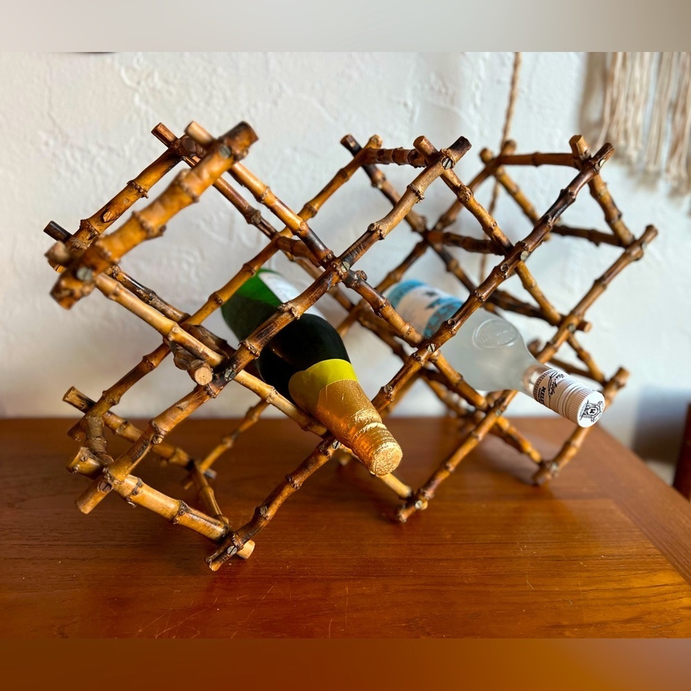 Vintage Boho Bamboo Folding Wine Rack – Mid Century Bar Cart Bottle Holder